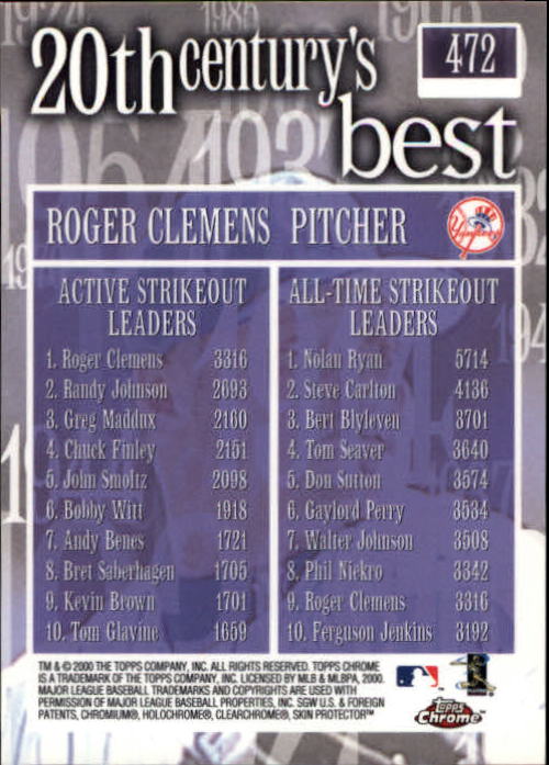 2000 Topps Chrome #472 Roger Clemens 20CB back image
