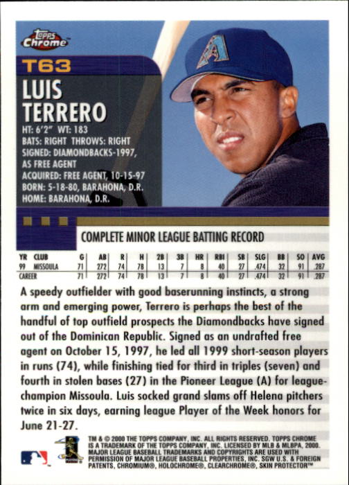 2000 Topps Chrome Traded #T63 Luis Terrero RC back image