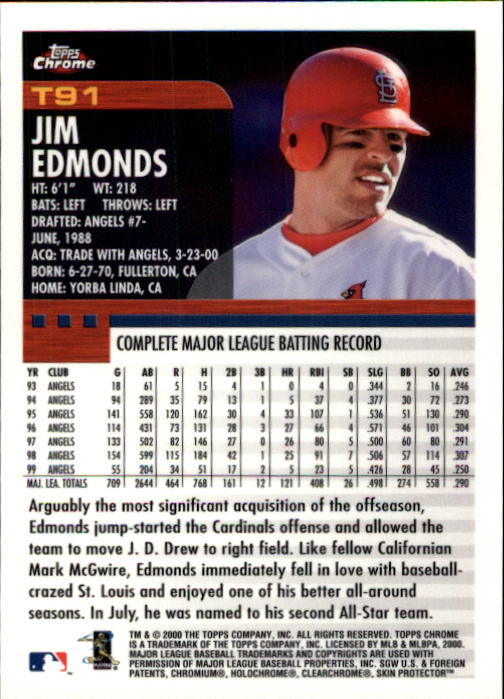 2000 Topps Chrome Traded #T91 Jim Edmonds Cards back image