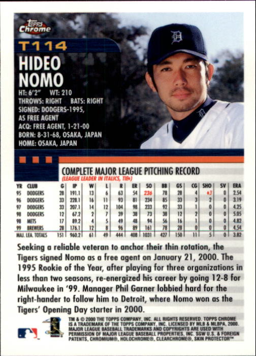 2000 Topps Chrome Traded #T114 Hideo Nomo back image