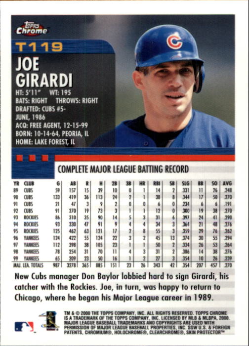 2000 Topps Chrome Traded #T119 Joe Girardi back image