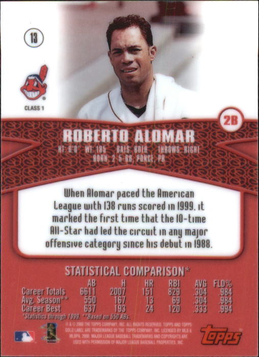 2000 Topps Gold Label Class 1 #13 Roberto Alomar back image