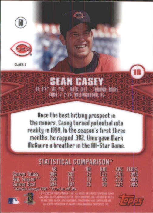 2000 Topps Gold Label Class 2 #58 Sean Casey back image
