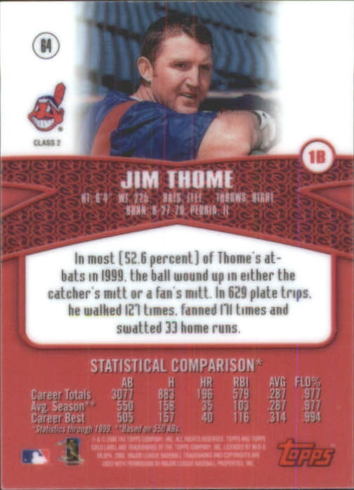 2000 Topps Gold Label Class 2 #64 Jim Thome back image
