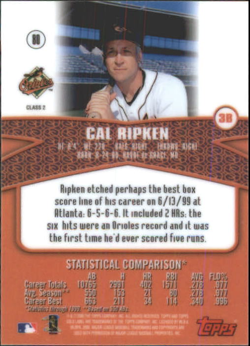 2000 Topps Gold Label Class 2 #80 Cal Ripken back image