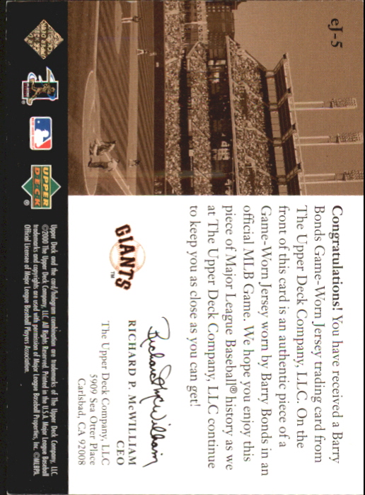 2000 Upper Deck eVolve Game Jersey #EJ5 Barry Bonds back image