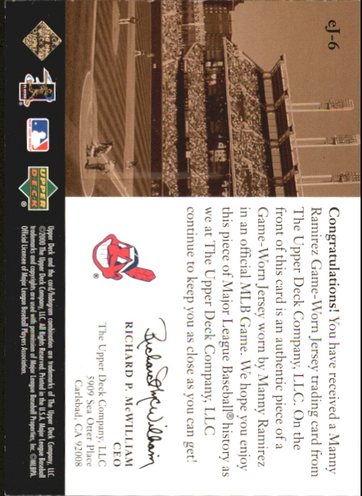 2000 Upper Deck eVolve Game Jersey #EJ6 Manny Ramirez back image
