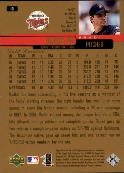 2000 Upper Deck Gold Reserve #101 Brad Radke