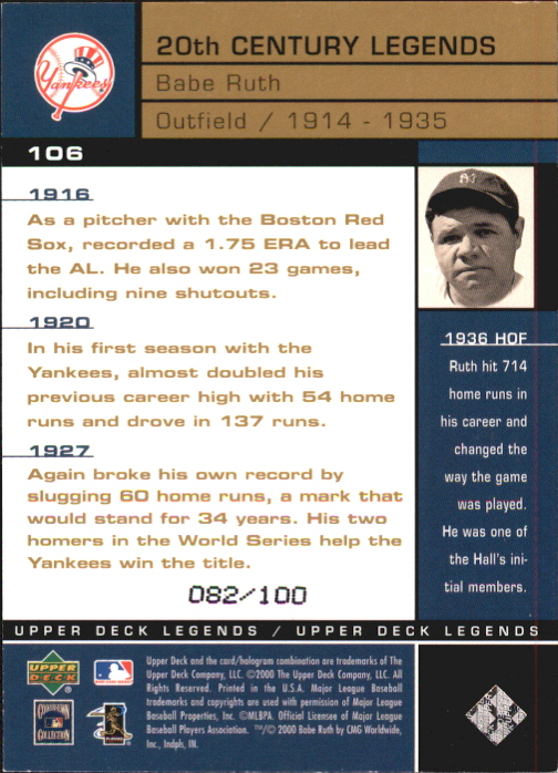 2000 Upper Deck Legends Commemorative Collection #106 Babe Ruth 20C back image