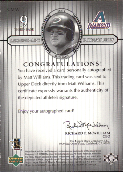 2000 Upper Deck Legends Legendary Signatures #SMW Matt Williams back image