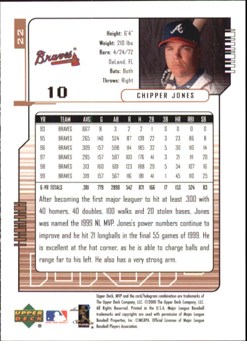 2000 Upper Deck MVP #22 Chipper Jones - NM-MT