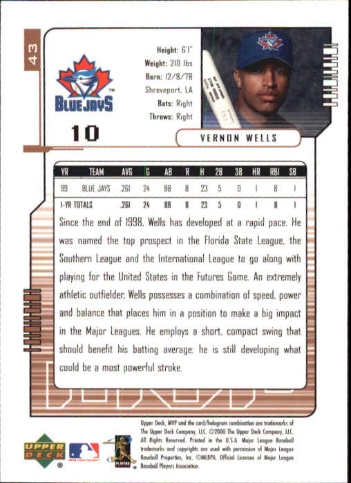 2000 Upper Deck MVP #43 Vernon Wells back image
