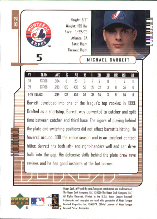 2000 Upper Deck MVP #82 Michael Barrett back image
