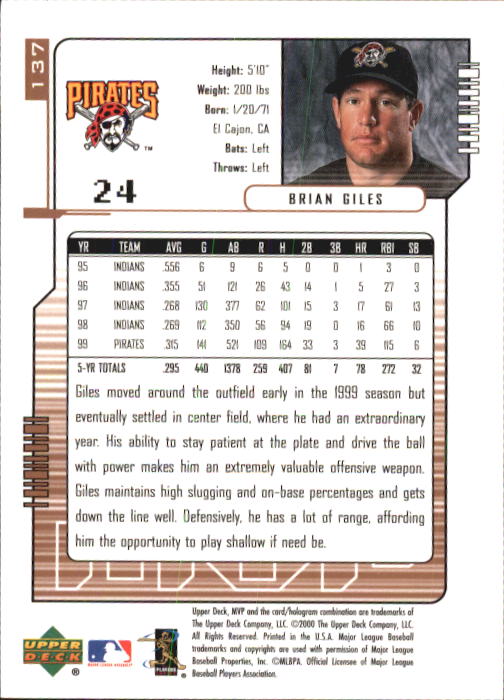 2000 Upper Deck MVP #137 Brian Giles back image
