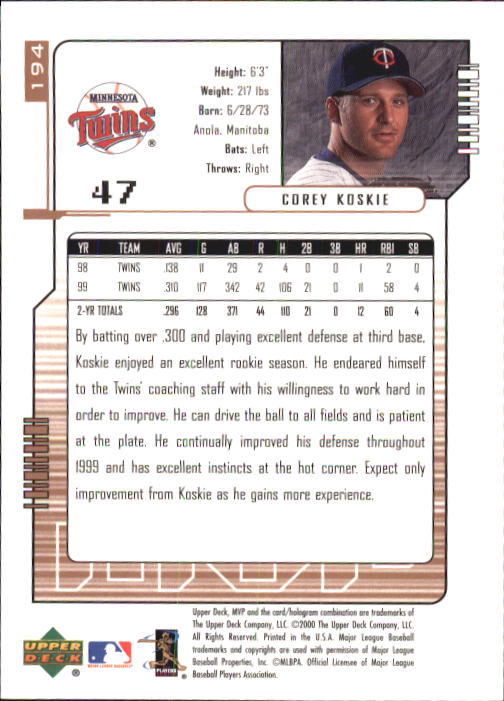 2000 Upper Deck MVP #194 Corey Koskie back image