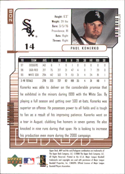 2000 Upper Deck MVP #208 Paul Konerko back image