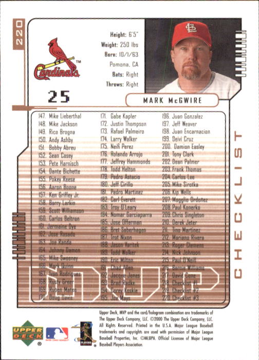 2000 Upper Deck MVP #220 Mark McGwire CL back image