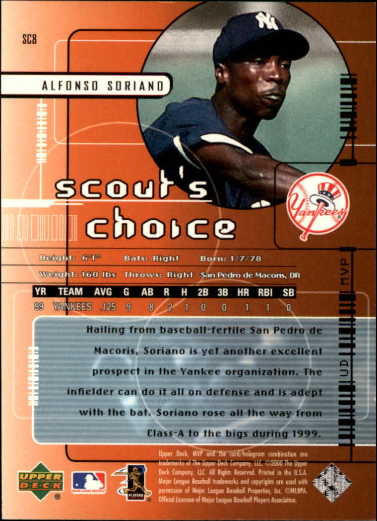 2000 Upper Deck MVP Scout's Choice #SC8 Alfonso Soriano back image