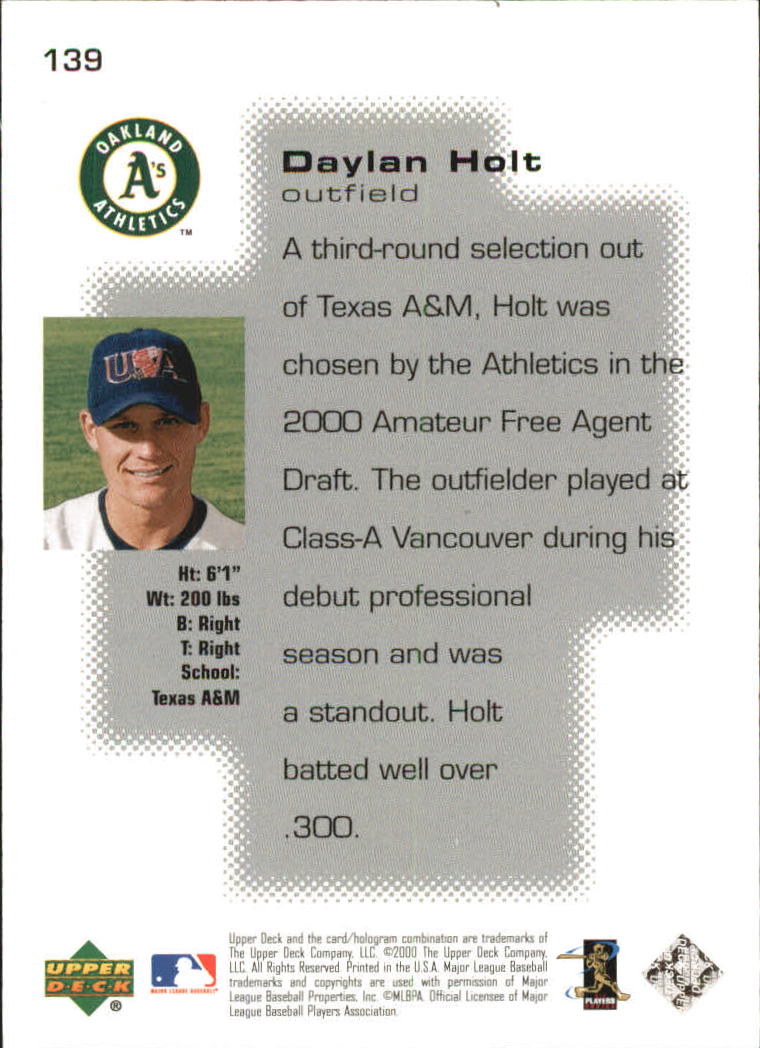2000 Upper Deck Pros and Prospects #139 Daylan Holt PS RC back image