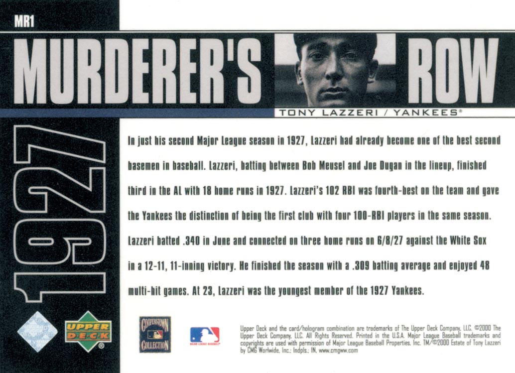 2000 Upper Deck Yankees Legends Murderer's Row #MR1 Tony Lazzeri back image
