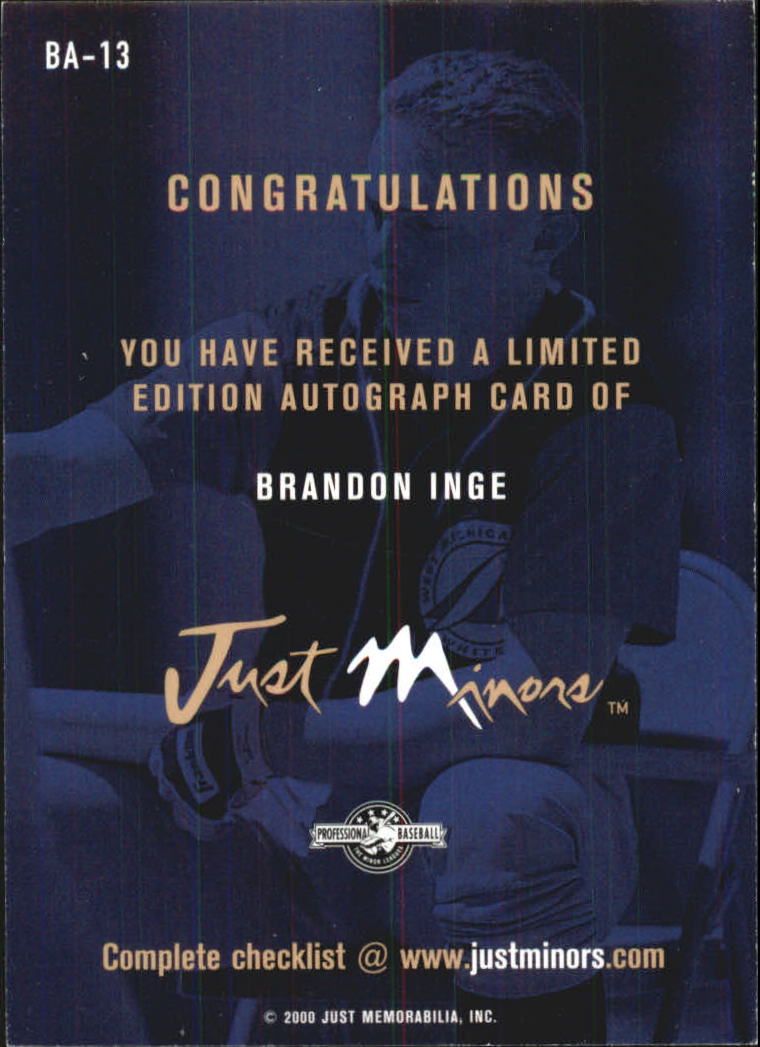2000 Just Autographs #BA13 Brandon Inge JF back image