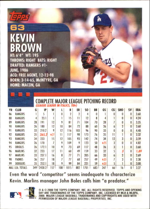 2000 Topps Opening Day #63 Kevin Brown back image