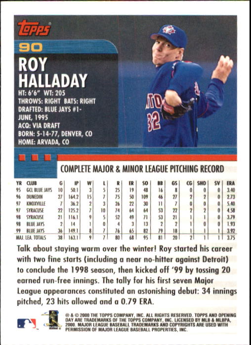 2000 Topps Opening Day #90 Roy Halladay back image