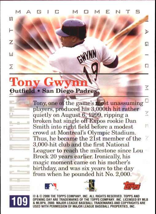 2000 Topps Opening Day #109 T.Gwynn MM 3000th Hit back image
