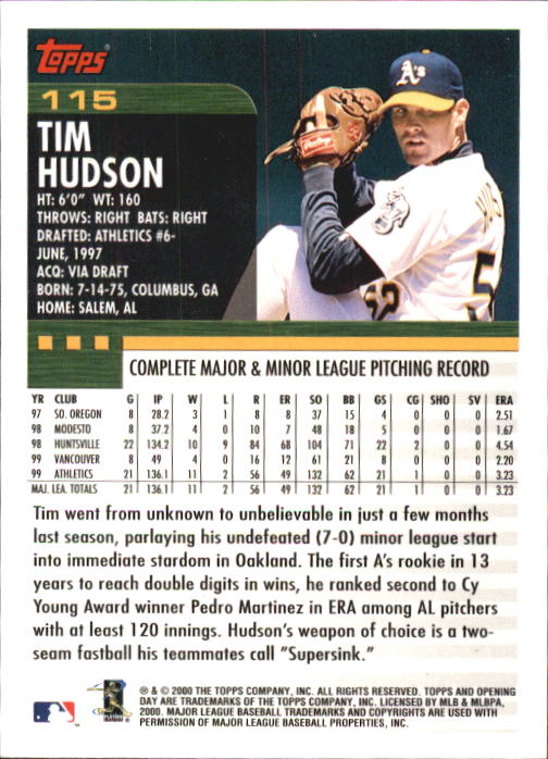 2000 Topps Opening Day #115 Tim Hudson back image