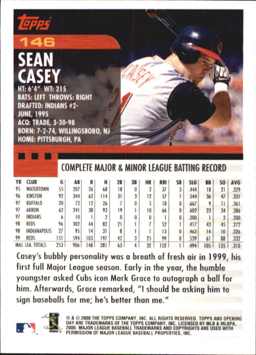 2000 Topps Opening Day #146 Sean Casey back image