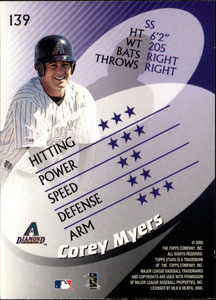 2000 Topps Stars #139 Corey Myers RC back image