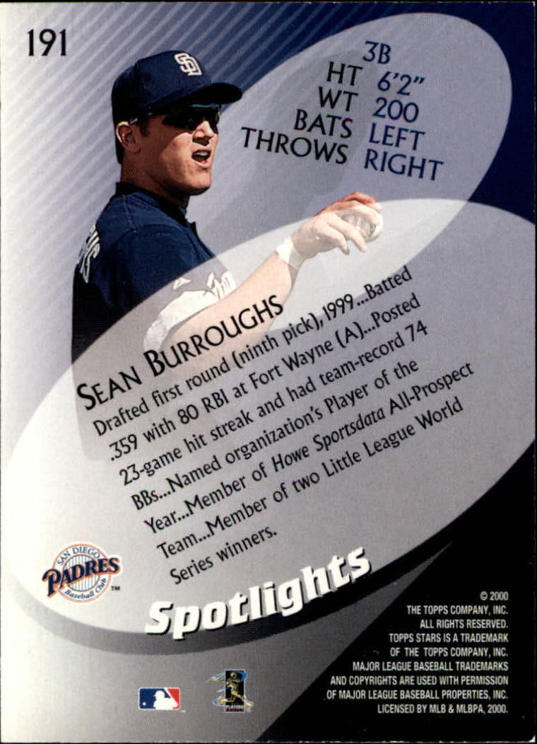 2000 Topps Stars #191 Sean Burroughs SPOT back image