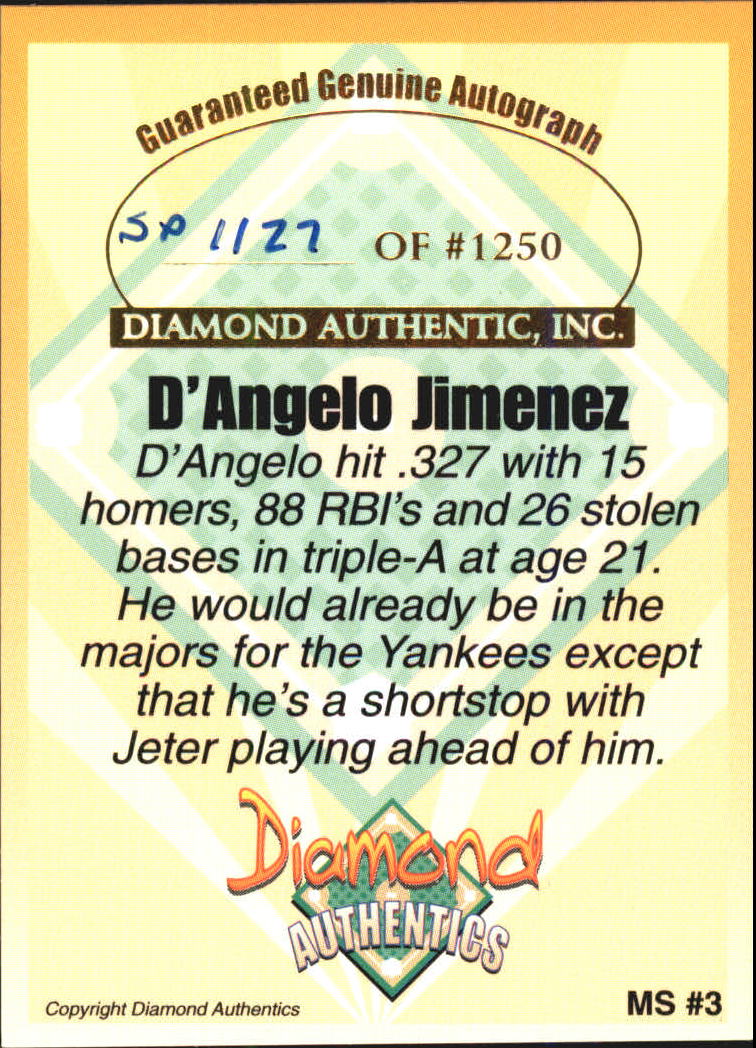 2000 Diamond Authentics Magnificent 7 Autographs #MS3 D'Angelo Jimenez back image