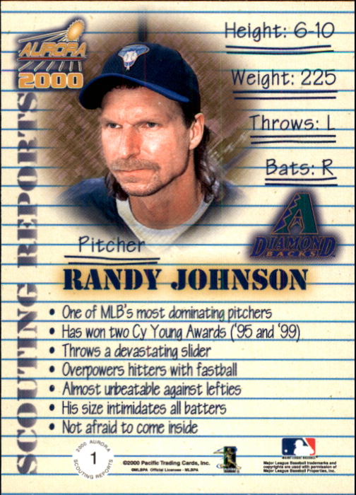 2000 Aurora Scouting Report #1 Randy Johnson back image