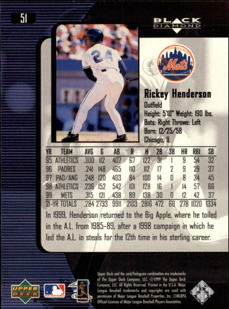 2000 Black Diamond #51 Rickey Henderson back image