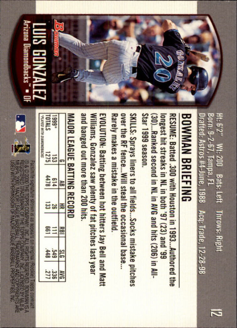 2000 Bowman #12 Luis Gonzalez back image