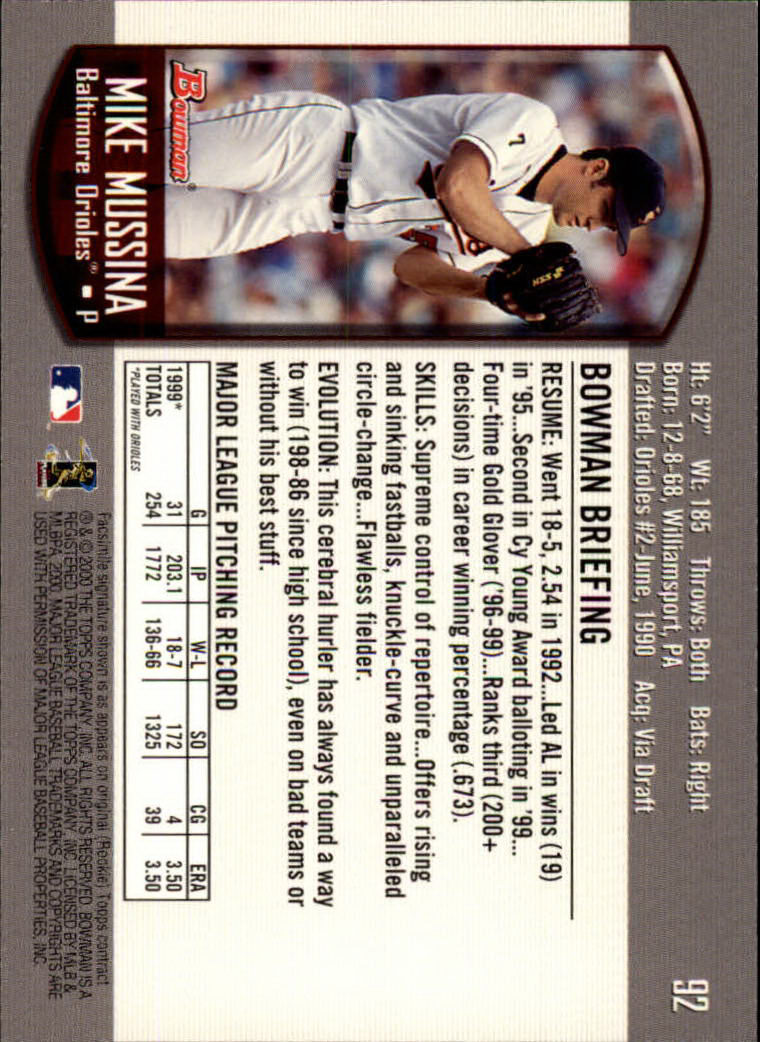 2000 Bowman #92 Mike Mussina back image
