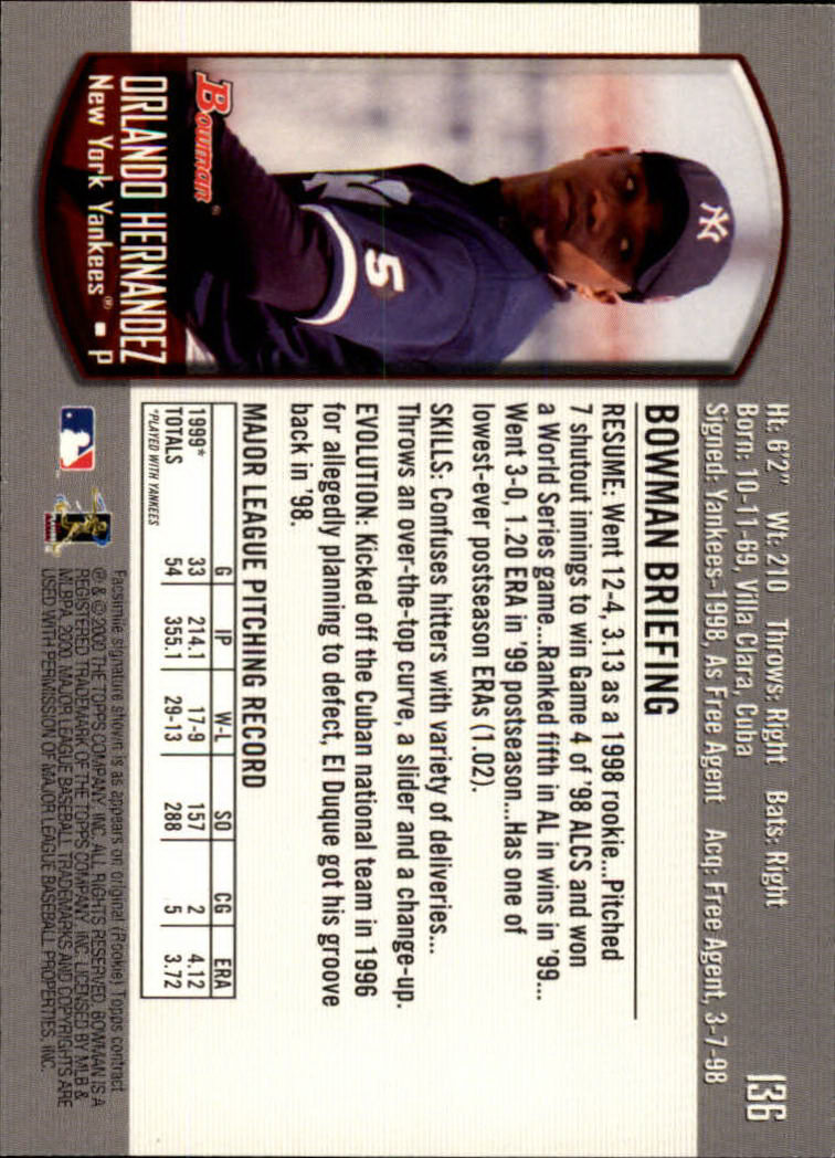 2000 Bowman #136 Orlando Hernandez back image