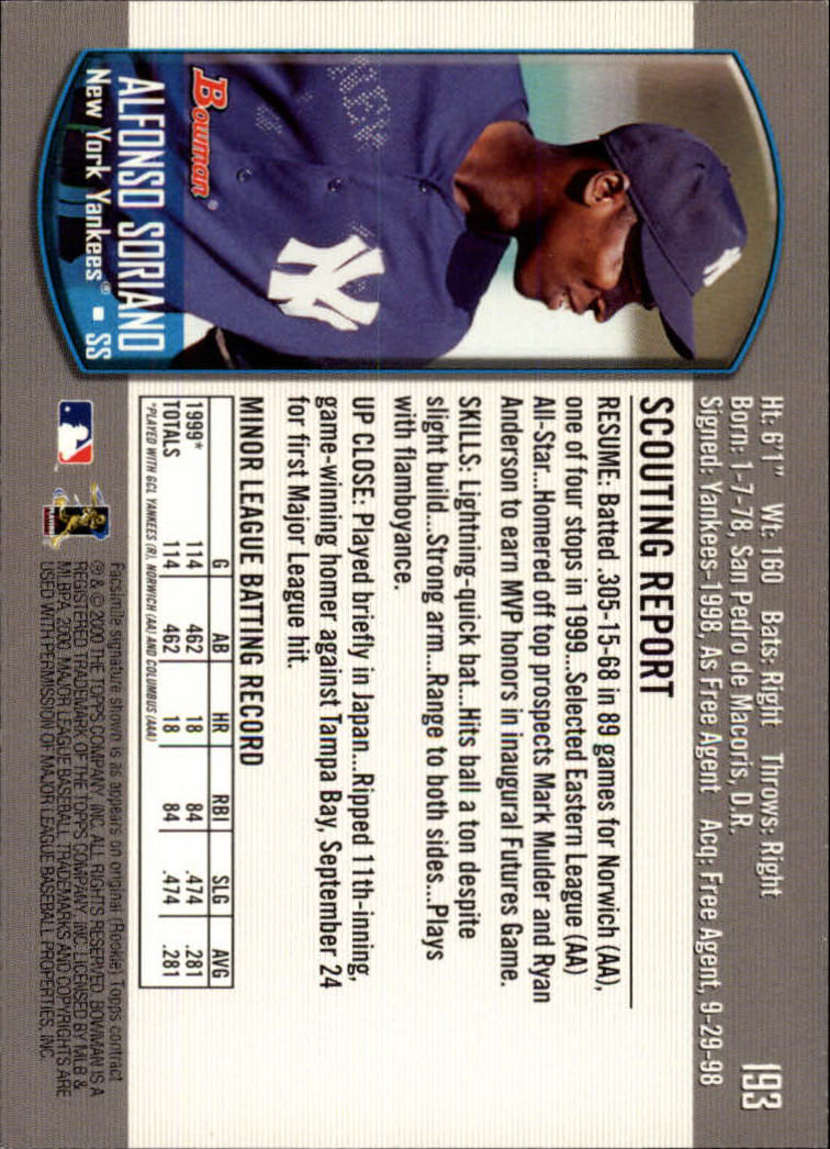 2000 Bowman #193 Alfonso Soriano back image