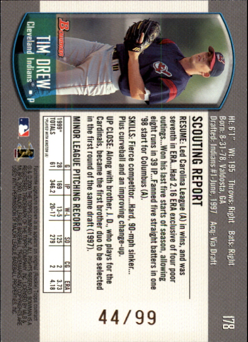 2000 Bowman Gold #178 Tim Drew back image