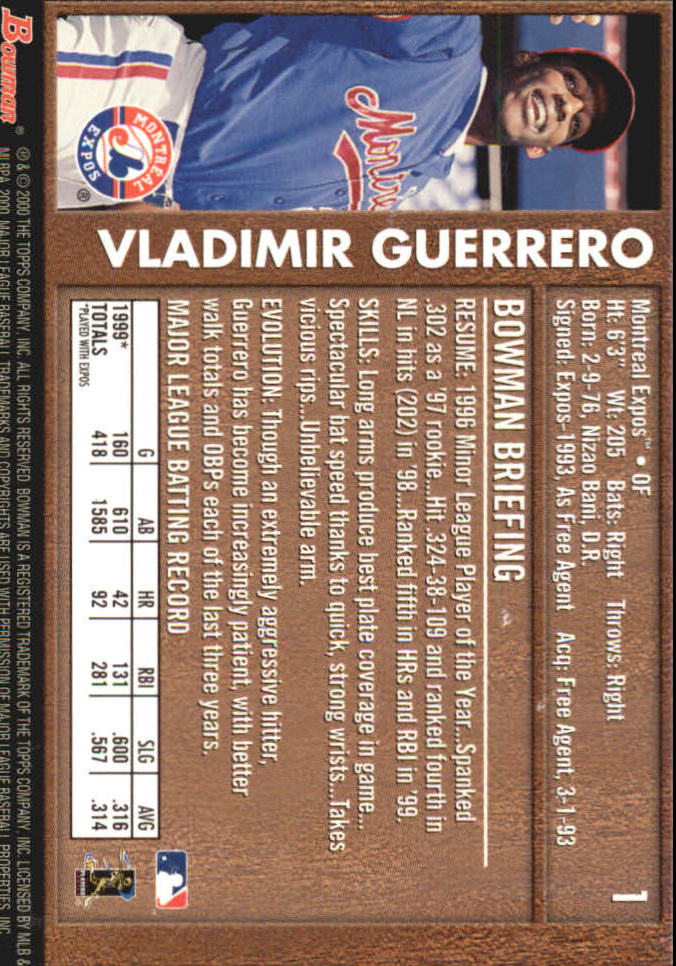 2000 Bowman Retro/Future #1 Vladimir Guerrero back image