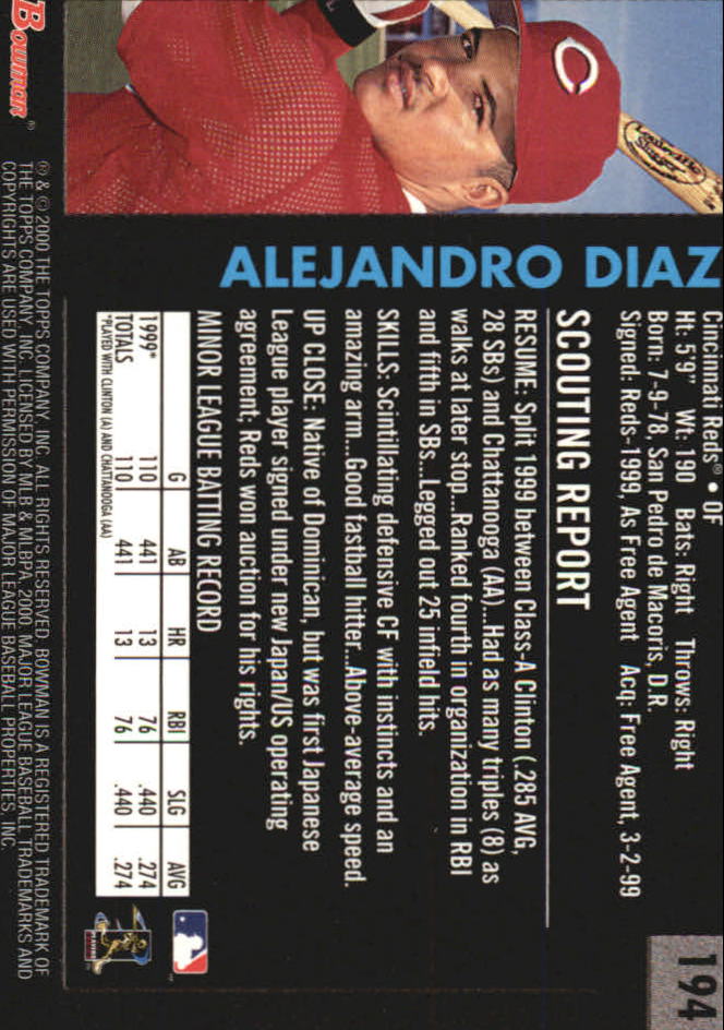 2000 Bowman Retro/Future #194 Alejandro Diaz back image
