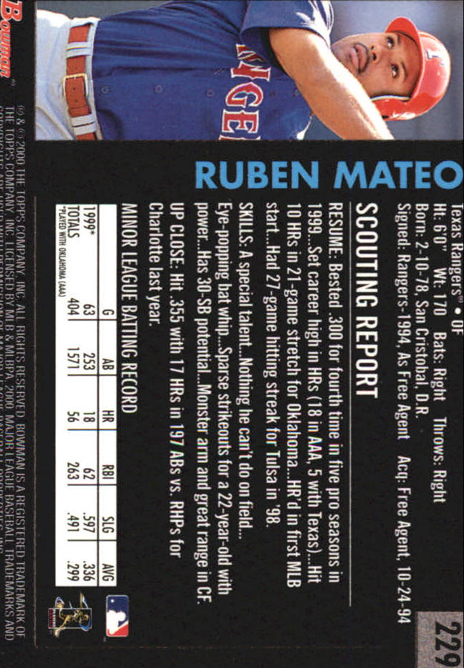 2000 Bowman Retro/Future #229 Ruben Mateo back image