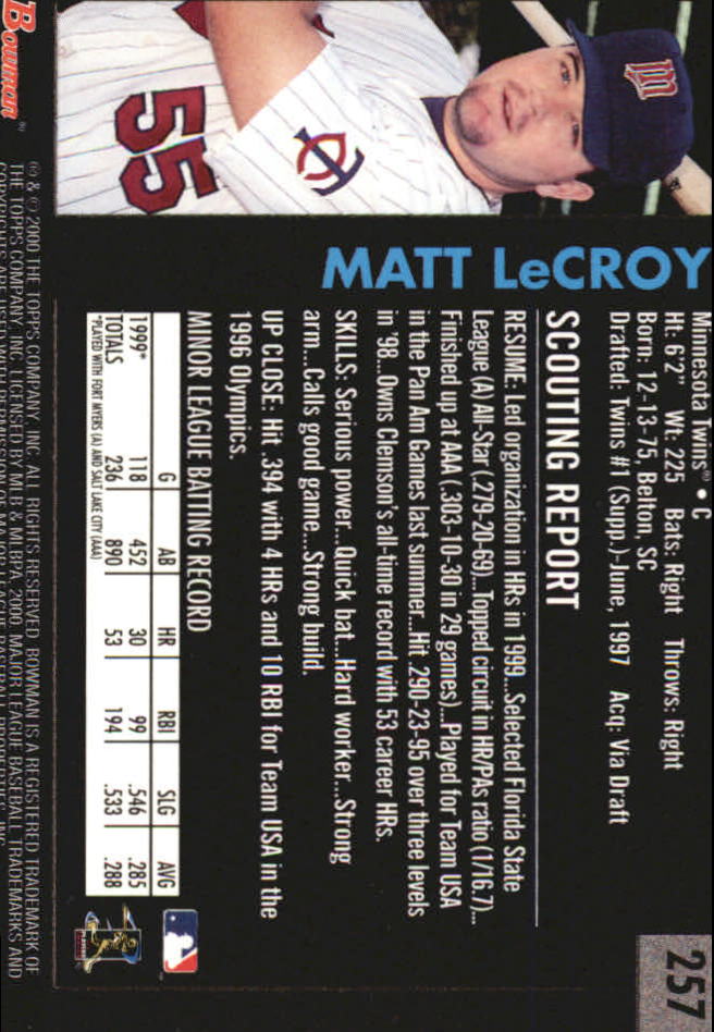 2000 Bowman Retro/Future #257 Matt LeCroy back image