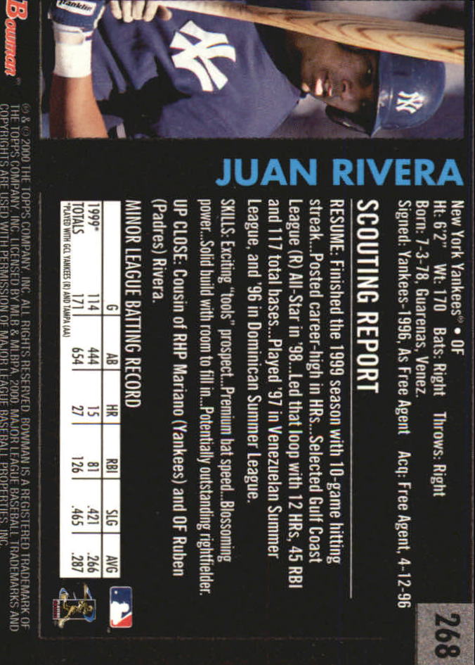 2000 Bowman Retro/Future #268 Juan Rivera back image