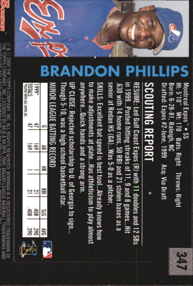 2000 Bowman Retro/Future #347 Brandon Phillips back image