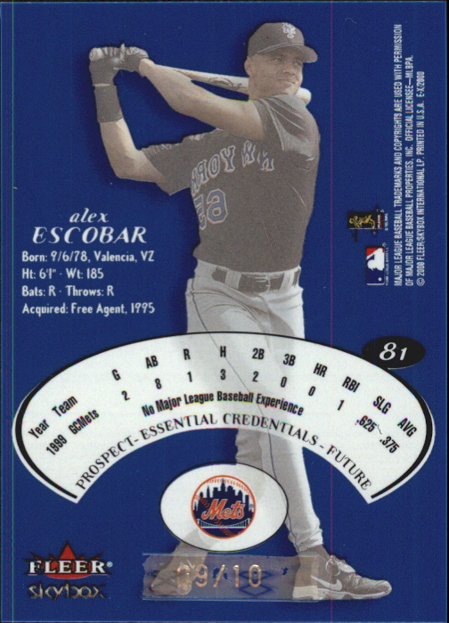 2000 E-X Essential Credentials Future #81 Alex Escobar/10 back image