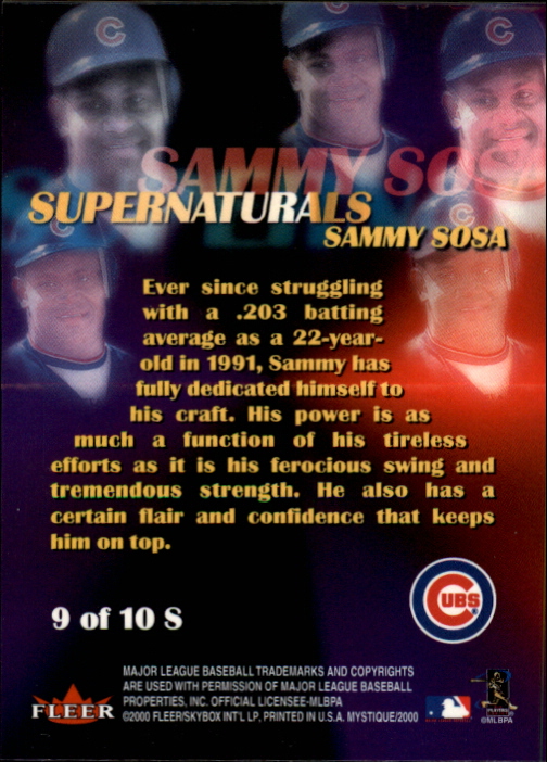 2000 Fleer Mystique Supernaturals #9 Sammy Sosa back image