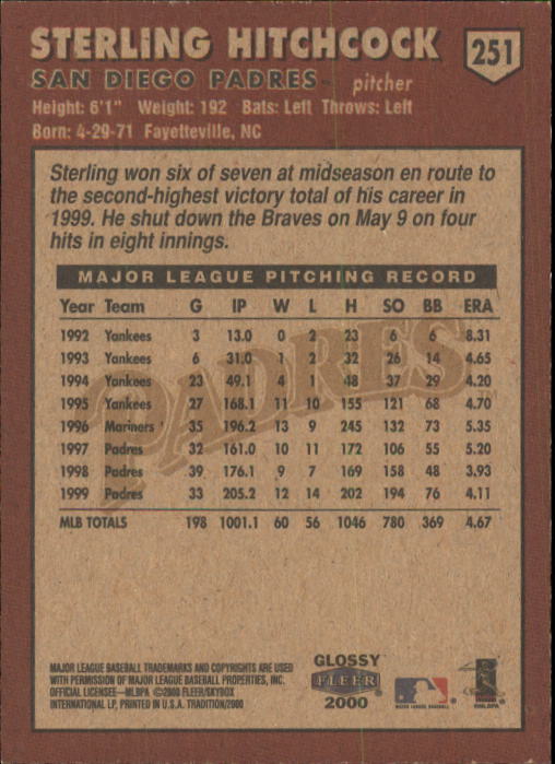 2000 Fleer Tradition Glossy #251 Sterling Hitchcock back image