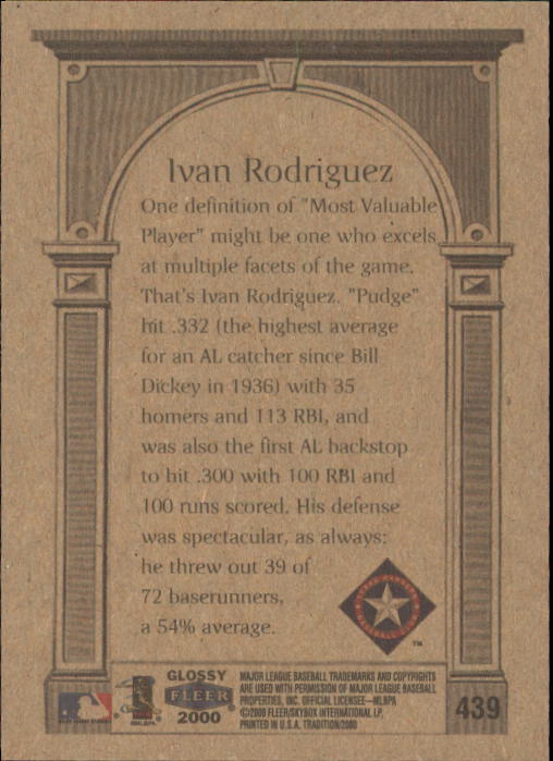 2000 Fleer Tradition Glossy #439 Ivan Rodriguez AW back image